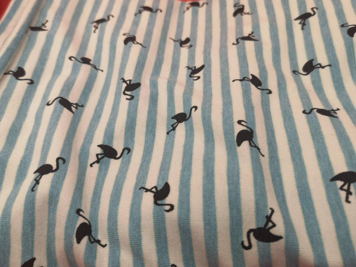 Jersey: navy silver foil llamas and cacti, aqua striped flamingos, blue palm trees, pandas, flamingos and pineapples