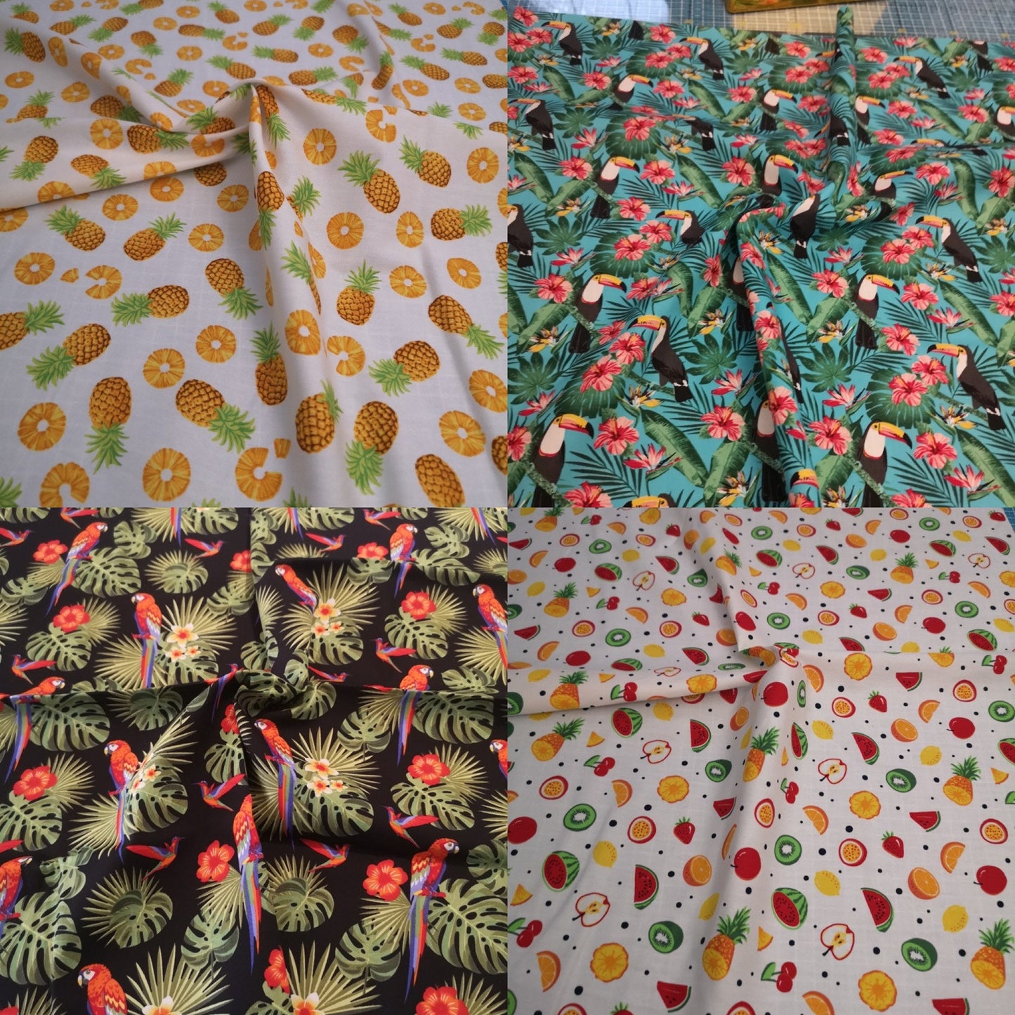 Rose & Hubble Cotton and Poplin Nature Prints: exotic birds, parrots, toucans, pineapple, tutti frutti, squirrels, animals, ABC
