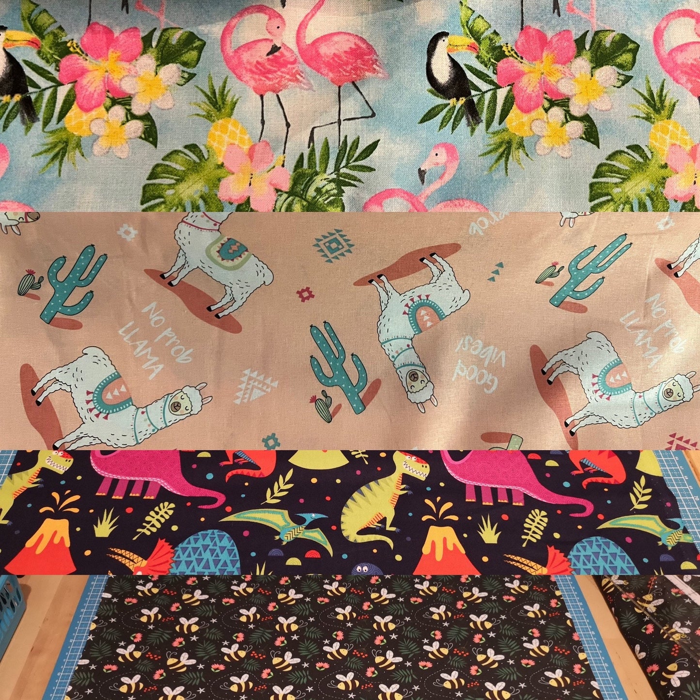 Animal print 100% cotton: dinosaurs, buzzy bees, flamingo, parrot, toucan, llama, children's cotton fabric, baby fabric