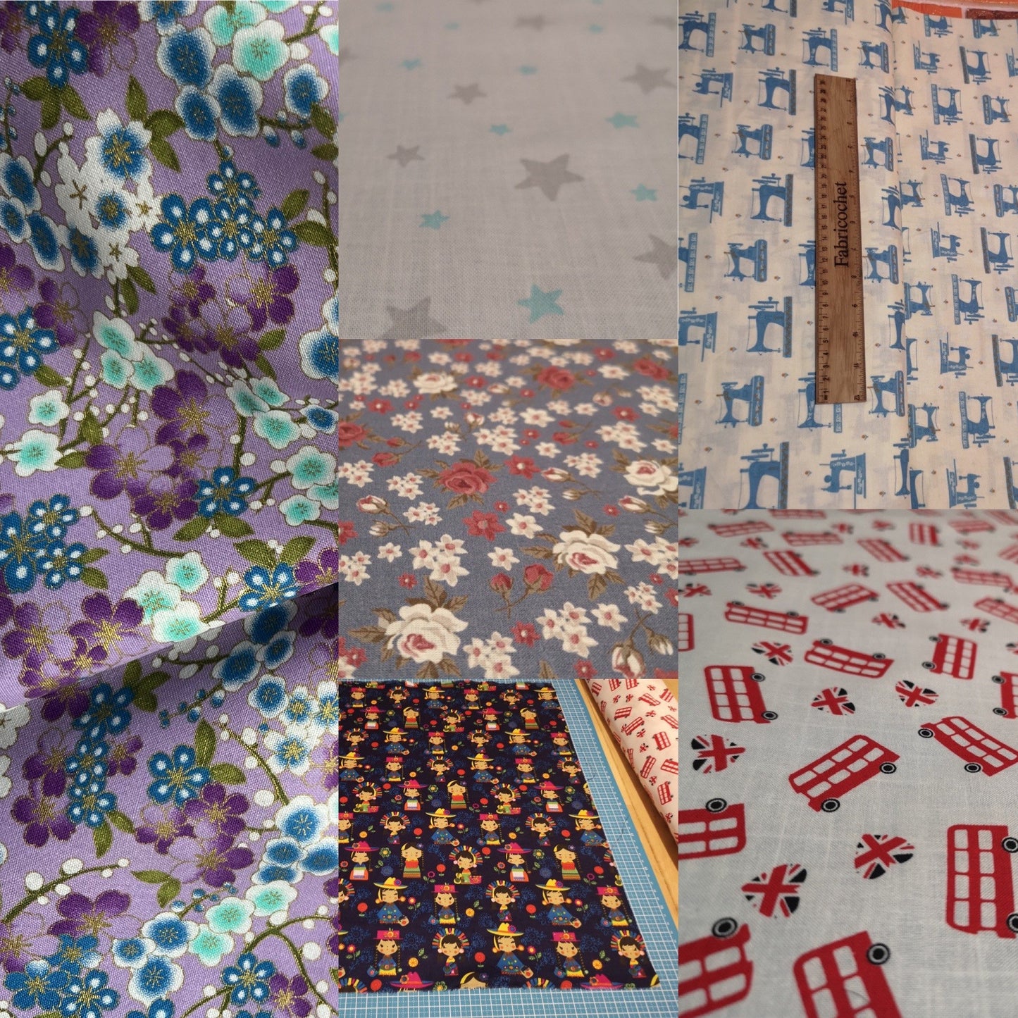 100% Cotton fabric: London bus, roses, Japanese dolls, grey turquoise stars, sewing machine, cherry blossom, sailing boats, dog toys